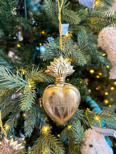 Etched Metal Sacred Heart Locket Ornament Antique Brass