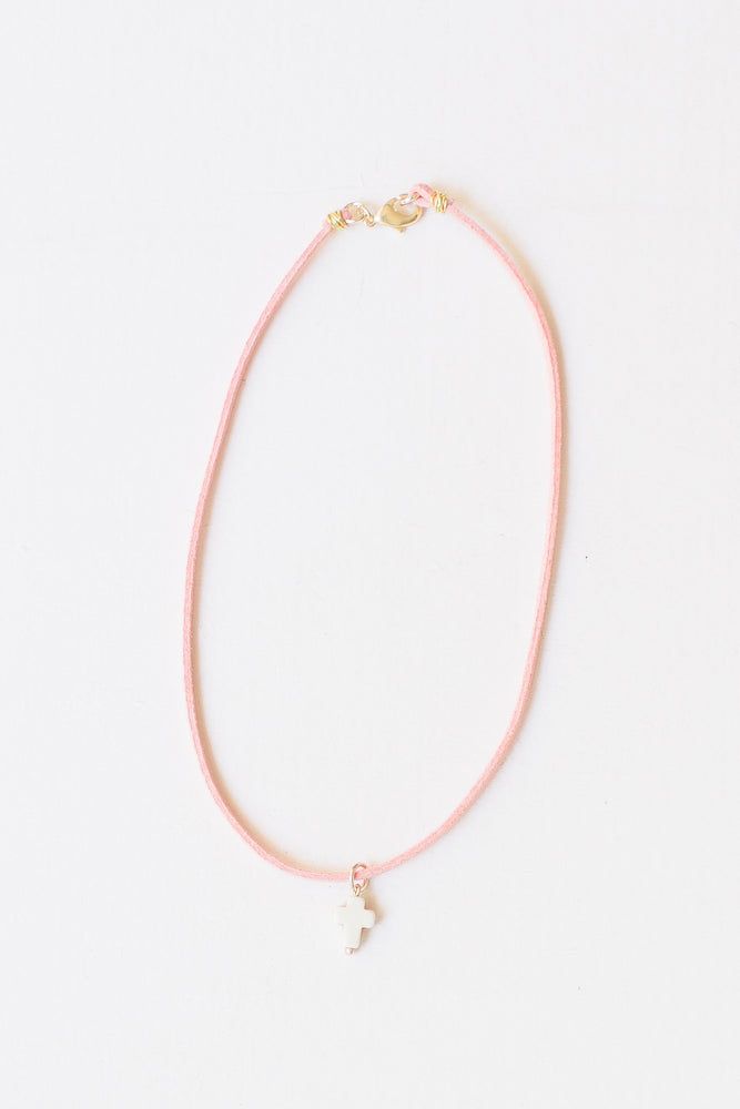 Leather Necklace w/Cross Charm - Pink (child)