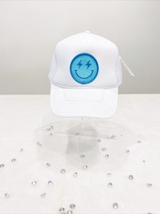 Lightning Smiley Face Trucker - White w/ Turquoise